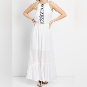 Maurices Embroidered Halter neck white and black Maxi Dress Small boho floral